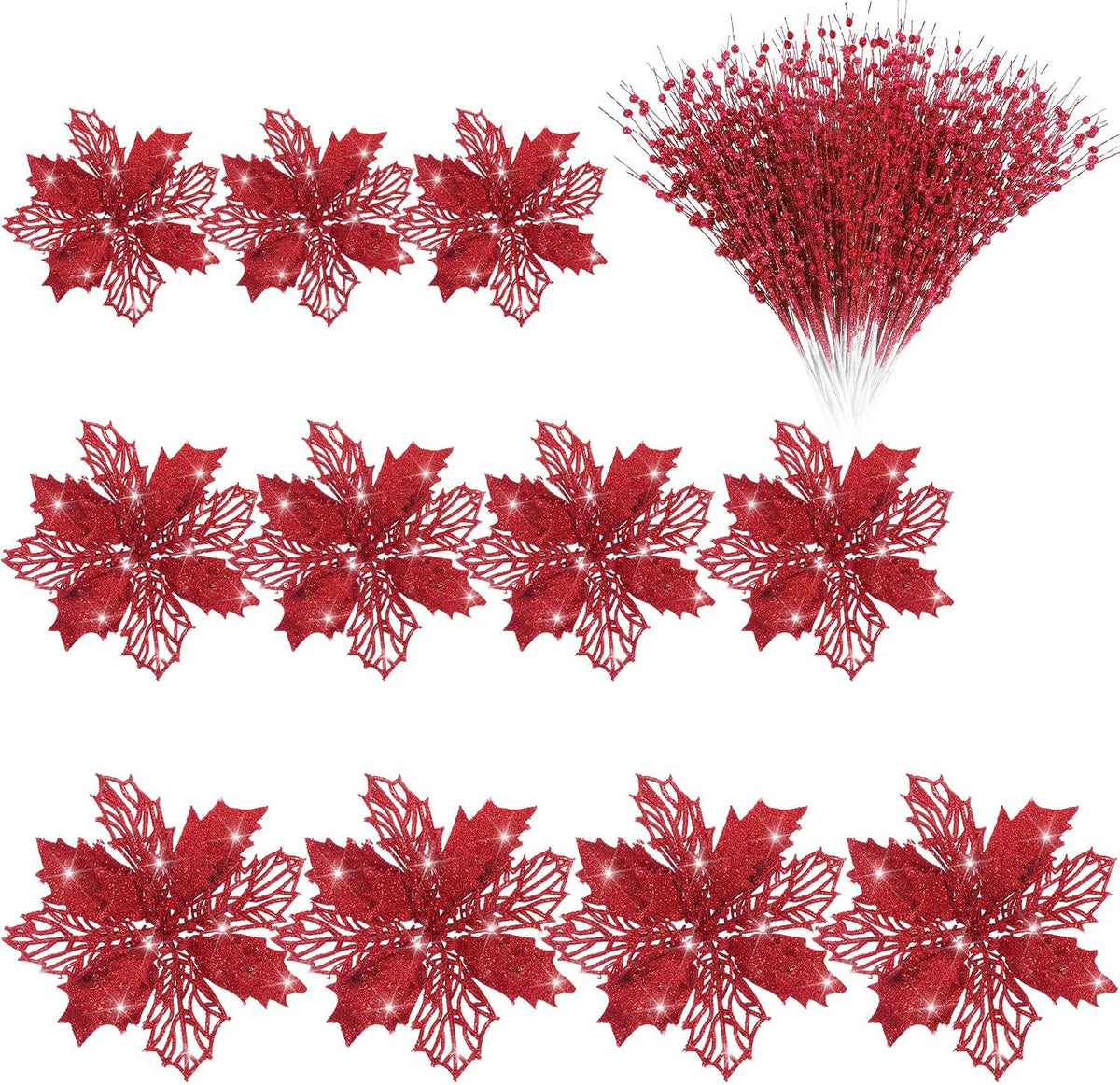 48 Pcs Christmas Picks Poinsettia Flowers Berry Glitter,Red