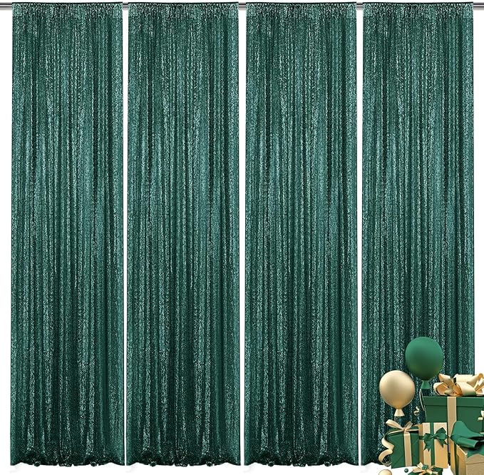 Dark Green Sequin Backdrop Curtain 4 Pieces 2FTx8FT Glitter Photography Backdrop for Party Wedding Birthday Christmas Decorations