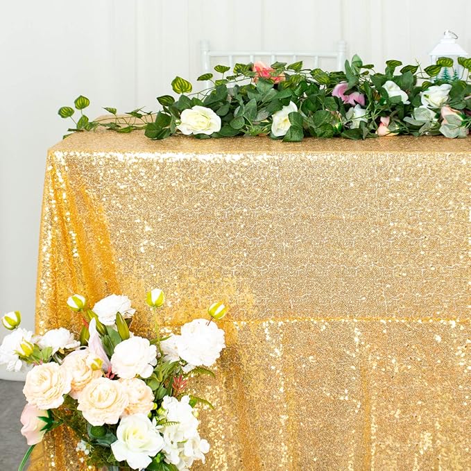 ShinyBeauty Gold Table Cloths for Party 2 Packs, 72X72 Inch Sequin Tablecloths Square Glitter Table Cloth Overlay Gold Tablecloth for Wedding, Birthday, Cake Tables