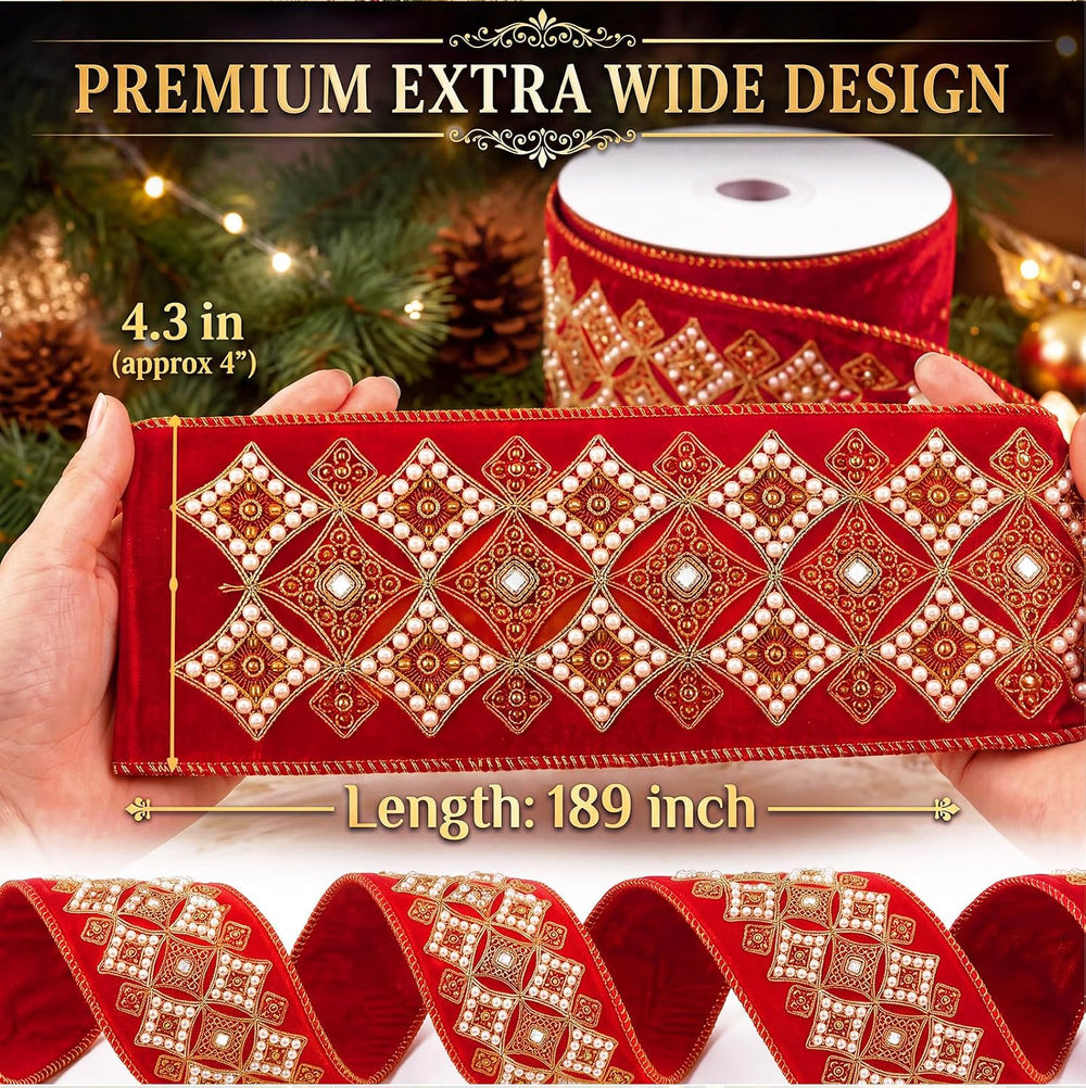 Janinka Christmas Red Velvet Jeweled Ribbon with Embroidery 4.3in x 5.2yd