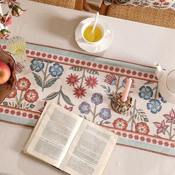 Decorative Linen Small Table Runner 63 Inches Long,Green Floral Rustic Fall Runner for Table Decor Tabletop Table Runners for Kitchen,Dining,Party,Home,Christmas,12"*63"