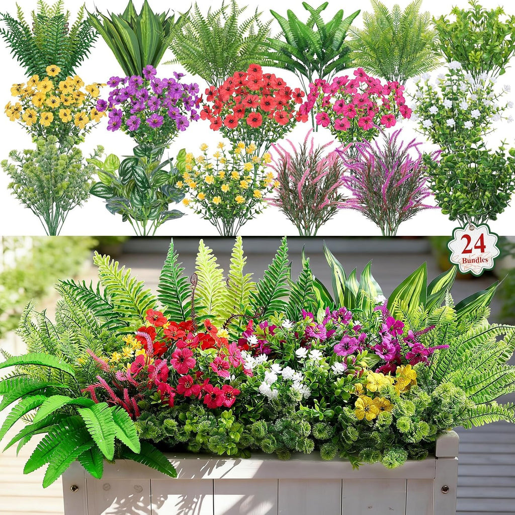 Alupssuc 24 Pcs Artificial Plants Flowers for Outdoors UV Resistant Decor