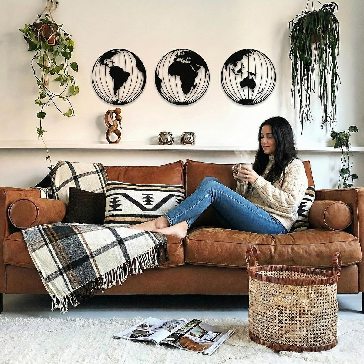 DEKADRON Metal World Map Wall Art, 3 Metal World Map Globes, Metal Wall Decor, Home Office Decoration, Wall Hangings (28" x 28")