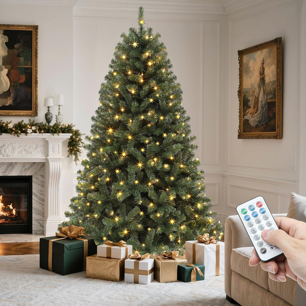 YITAHOME 6ft Pre-Lit Green Artificial Hinged Christmas Tree with Remote
