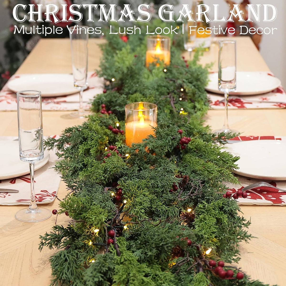 6 Feet Christmas Garland - Real Touch Cedar Garland - Realistic Greenery Cypress Pine Garland for Wall,Table,Fireplace,Mantle,Indoor Outdoor - Christmas Decorations - Free Battery LED Lights