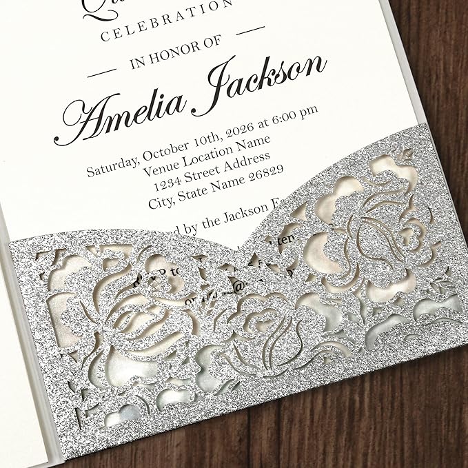 DORIS HOME 50pcs Laser Cut Quinceanera Invitation Pockets with Envelopes Silver Glitter, 5.12" x 7.12"Invitation Cards for Birthday, Miss 15, Sweet 16 (No Inserts Included)
