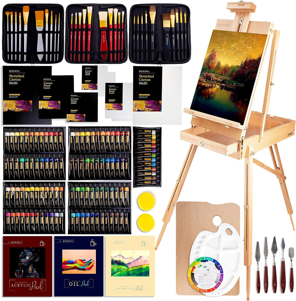 163-Piece French Easel Painting Set | All-in-One Deluxe Artist Starter Kit w/Wooden Field & Studio Sketch Box Easel for Adult, 100+ Professional Paints, Stretched & Panel Canvases, Brushes, Palettes