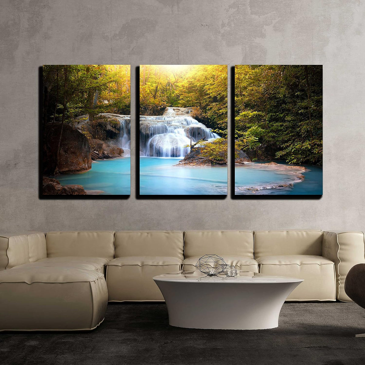 wall26 - 3 Piece Canvas Wall Art - Sunlight Through Tree Leaves Lights Beautiful Waterfall in Forest - Modern Home Art Stretched and Framed Ready to Hang - 24"x36"x3 Panels