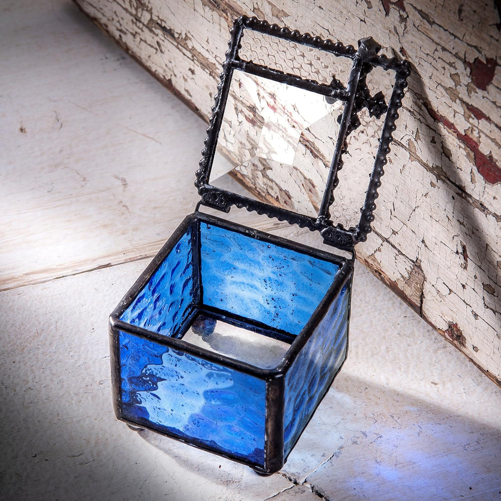 J Devlin Blue Glass Cross Keepsake Box, Rosary and Jewelry Storage