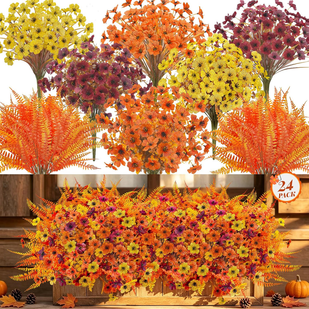 Der Rose 24Pcs Artificial Fall Flowers for Outdoors, Fake Mums and Ferns