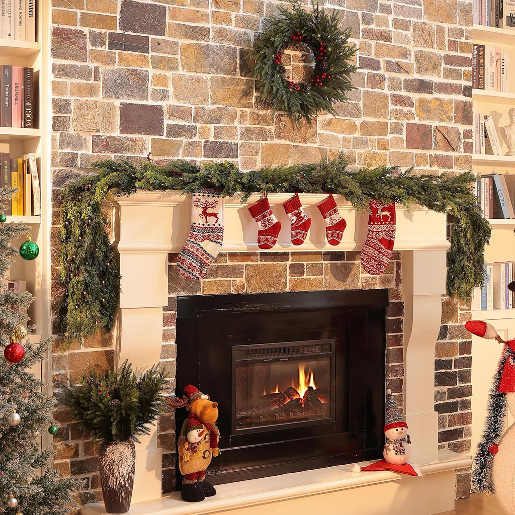 6 Feet Christmas Garland - Real Touch Cedar Garland - Realistic Greenery Cypress Pine Garland for Wall,Table,Fireplace,Mantle,Indoor Outdoor - Christmas Decorations - Free Battery LED Lights