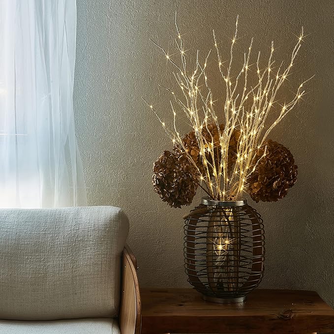 Fudios Lighted Branches 150 LED Fairy Lights with Timer 32in Plug in, Electric Lit White Birch Twigs for Vase Christmas Inside Outside Decor 1 Set