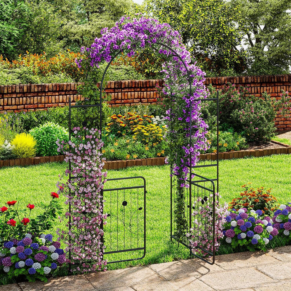 HAPPYGRILL 87" Garden Arbor, Garden Arch with Planter Shelves & Gate