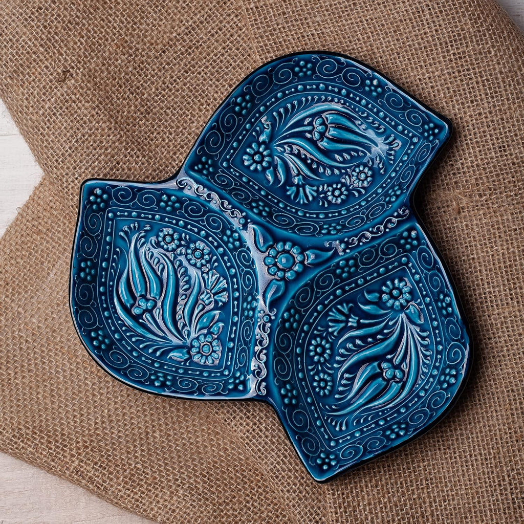 Leaf Ceramic Appetizer Plate, 3-Compartment Snack Tray, Blue Serving Tray