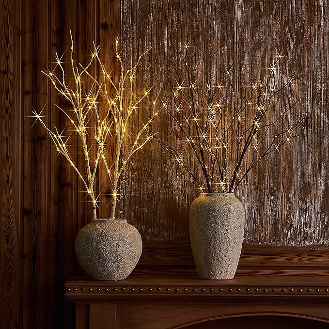 LITBLOOM Lighted White Twig Branches 32IN 100 LED with Timer Battery Operated, Artificial Tree Branch with Warm White Lights for Holiday Xmas Home Decoration Indoor Outdoor Decor