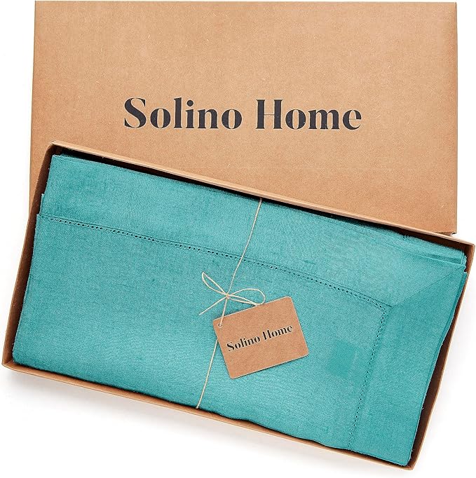 Solino Home Linen Teal Tablecloth 60 x 120 Inch - Classic Hemstitch, 100% Pure Linen Rectangular Tablecloth - Machine Washable Table Cloth for Fall, Autumn, Thanksgiving, Christmas