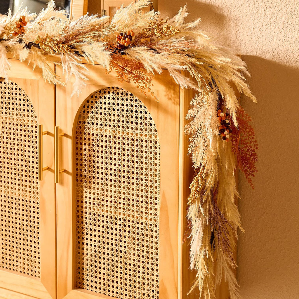 DecorbyHannah 6ft Neutral Fall Pampas Grass Garland for Mantle with Lights