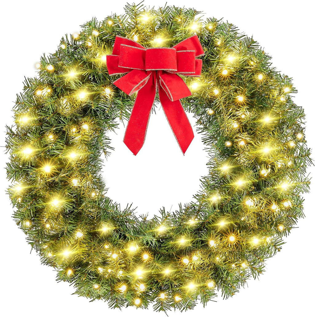 Yaheetech 30in Large Artificial Christmas Wreath, Pre-lit Holiday Accent Decoration with Red Bow, 110 LED Lights & 300 PVC Tips, Metal Structure for Door Wall & Mantel