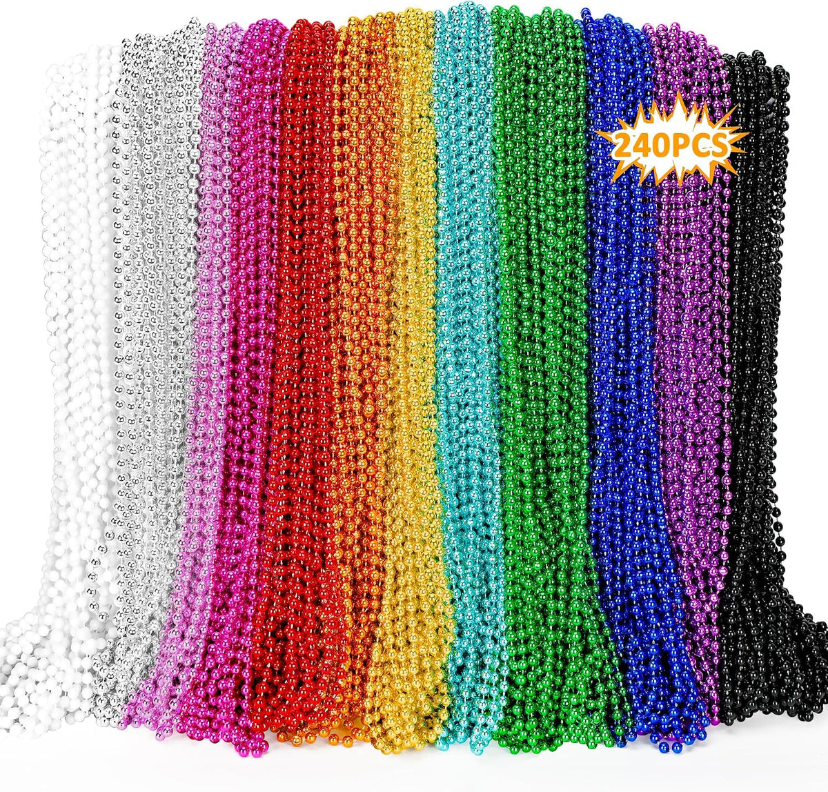 240PCS Mardi Gras Beads, Metallic 12 Kinds Beaded Necklace Accessories, 33" Mardi Gras Necklace Bulk Accessories Stuff, Festival Parade Throw for Wedding Birthday Mardi Gras Celebrations Decorations