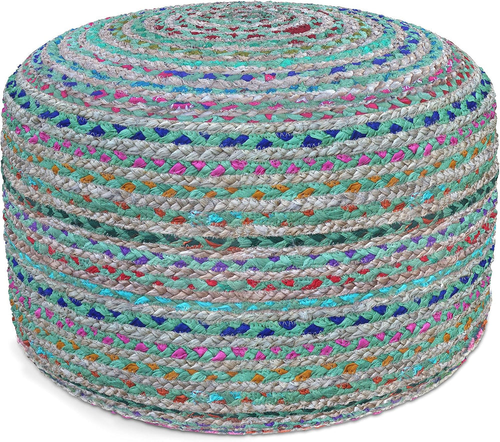 SIMPLIHOME Margo 20" Wide Round Pouf in Multi-Green Jute and Cotton