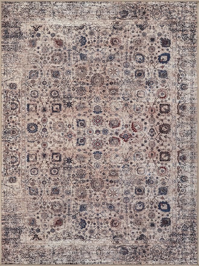 Bloom Rugs Washable Non-Slip 4' x 6' Rug - Light Tan/Blue Traditional Oriental Area Rug for Living Room, Bedroom, Dining Room, and Kitchen - Exact Size: 4' x 6'