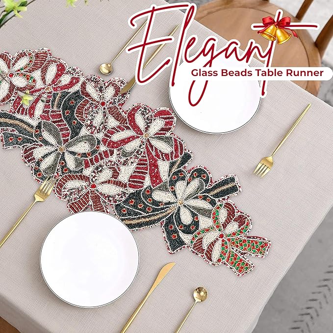 Elegant Glass Beads Table Runner 13x36 - Handcrafted Beaded Table Linen, Perfect for Weddings, Festive Celebrations, Dining Tables, Home Décor, and Everyday Use (Red White) - CLEENTABLE