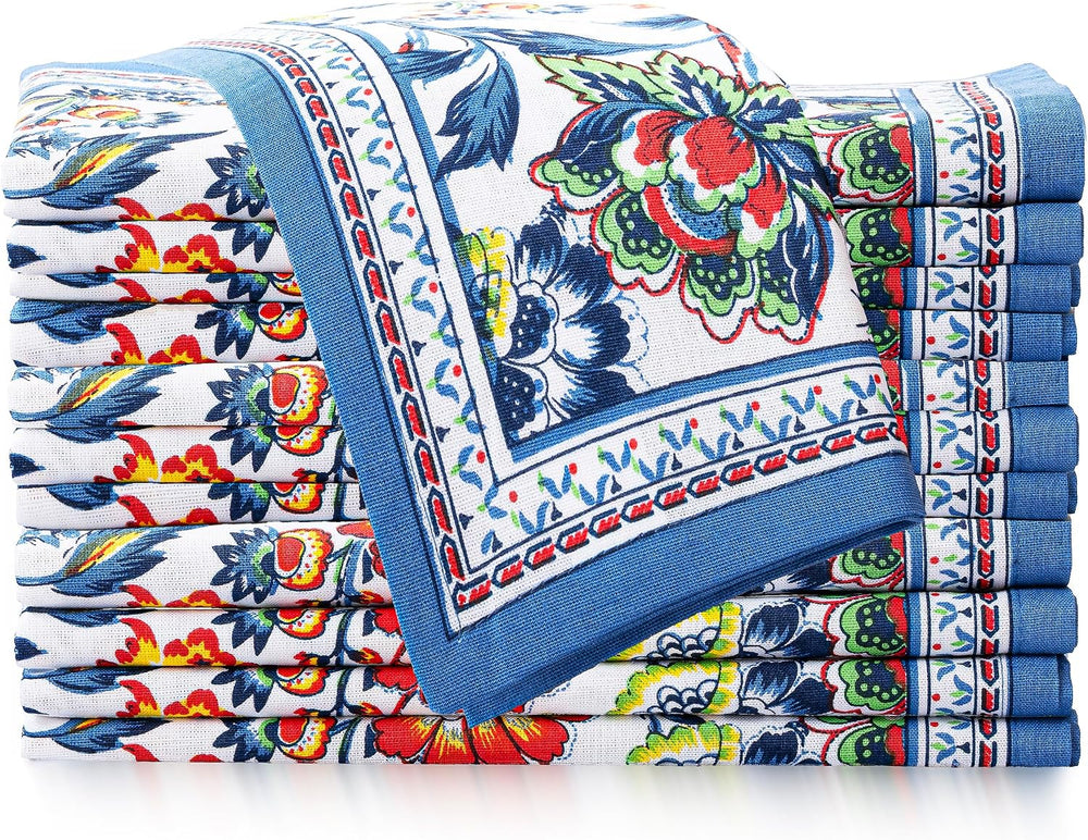 FINGERCRAFT Cloth Napkins Set of 12 Cotton Linen, 20x20 Inch, Blue Floral